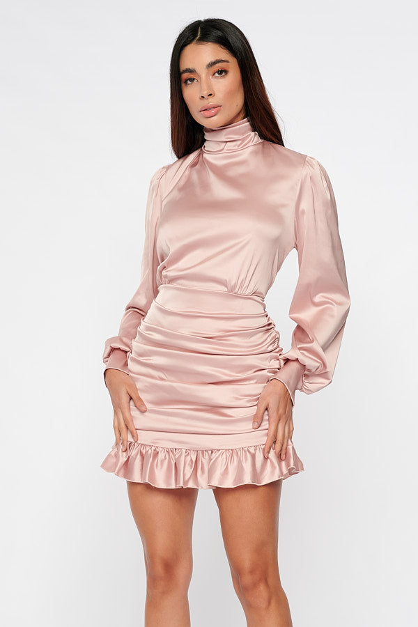 Pink High Neck Ruched Mini Dress | Rare ...